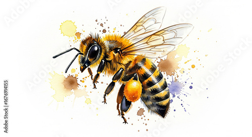 Detailed and realistic honey bee with colorful watercolor splatters in the background, busy pollinating in a bright studio
