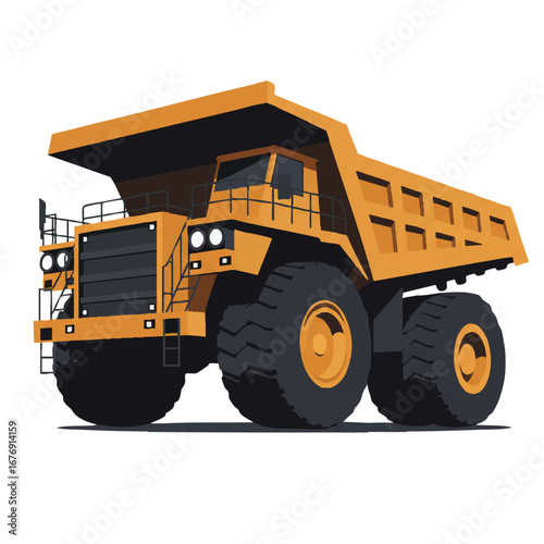 A clean flat illustration depicting a large, stylized quarry truck viewed from below, showcasing its simple forms isolated on a pristine white background.