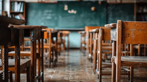 Vintage classroom with wooden desks and chairs, evoking nostalgia and learning memories
