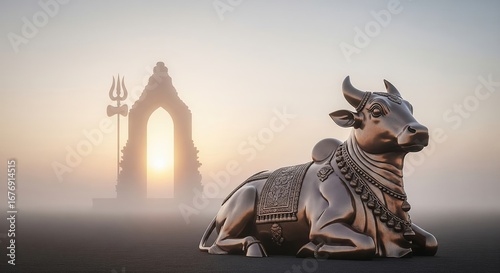 Sacred Nandi bull statue at dawn representing devotion to Lord Shiva with a mystical temple and trident in a serene spiritual landscape