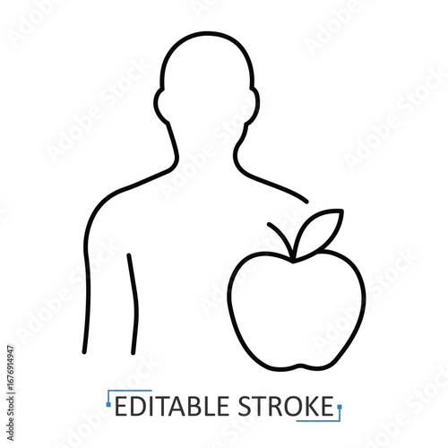 Healthy lifestyle icon with editable stroke. Vector outline of human silhouette with apple symbolizing nutrition, wellness, diet, healthcare, balanced eating, fitness, medical prevention, wellbeing.