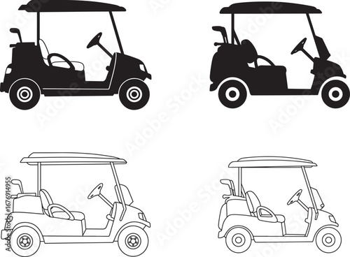 Golf Cart Vector Illustration in Black and White Outline Style