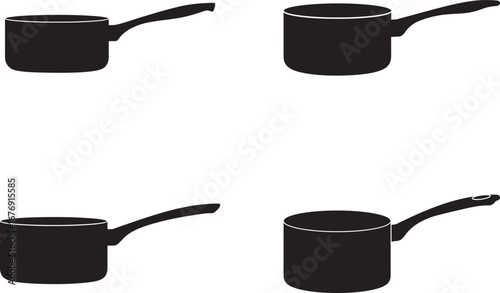 Four Black Saucepans Arranged on a White Background