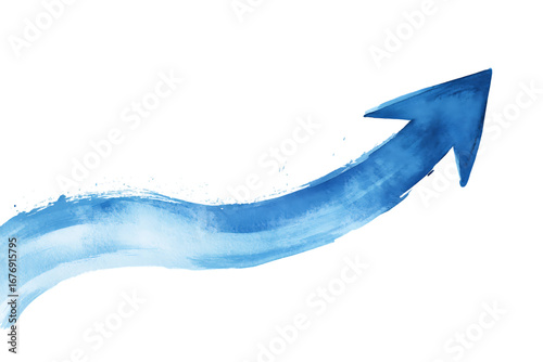 Blue watercolor arrow curving upwards isolated on a transparent background curve