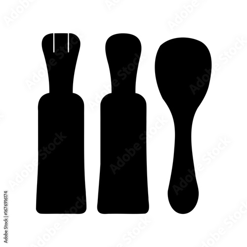 Three condiment containers in a row represented as a black silhouette