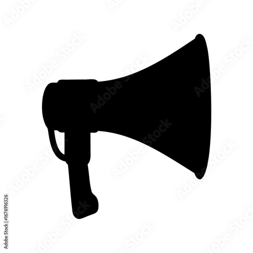 A Black Megaphone Silhouette on a White Background for Communication or Announcement