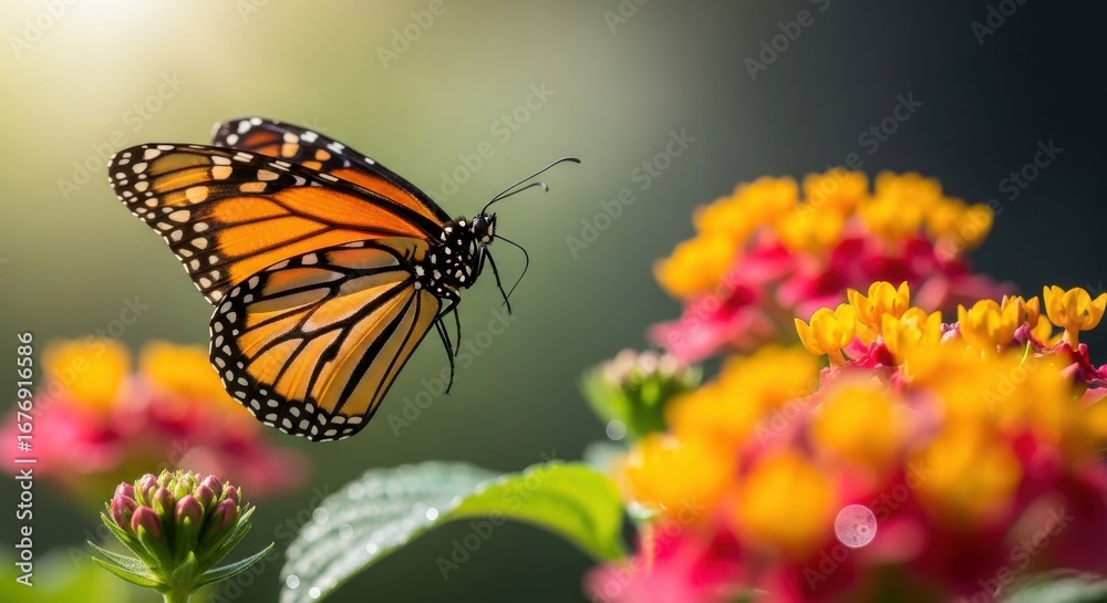 Fototapeta premium Graceful monarch butterfly gracefully soars above vibrant lantana blossoms