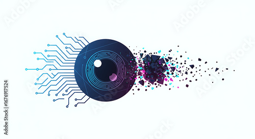 Artificial Intelligence Eye with Circuit Board and Digital Data Particles – Conceptual AI Machine Vision Technology Vector