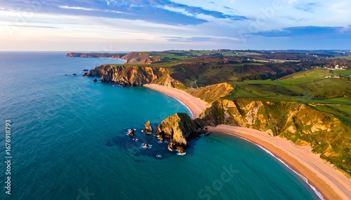 Coastal landscape, dramatic cliffs, sandy beach