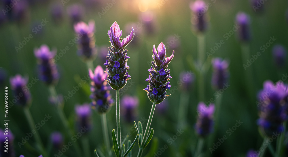 Obraz premium Vibrant purple lavender flowers blossom in a fragrant field, capturing the beauty of a summer garden