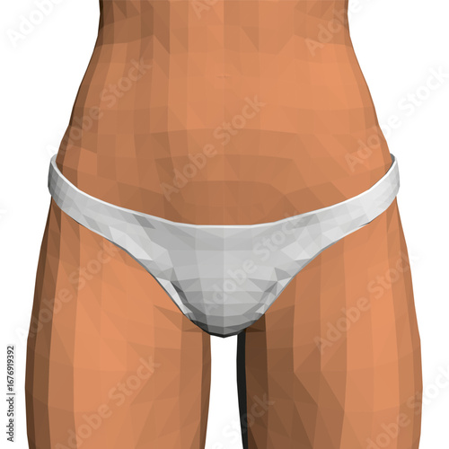 Polygonal girl in white panties with low rise waistband, soft comfortable material, slim fit accentuating curves, and delicate feminine waistband.