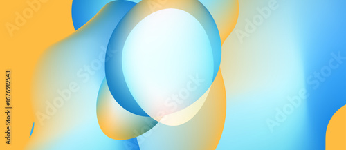 Abstract fluid shapes blend, creating soft gradients. Orange, blue hues dominate composition. Minimalist design evokes calm feeling.