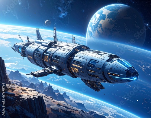 Wallpaper Mural A futuristic spaceship flies above a rocky, mountainous landscape with a blue Earth and moon visible in the background. Torontodigital.ca