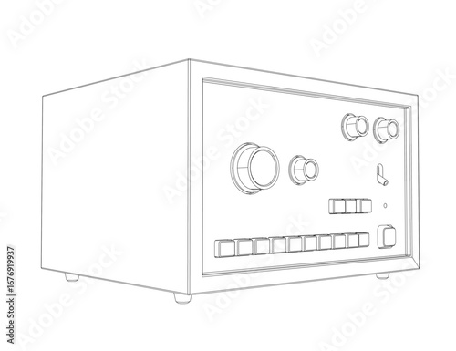A black and white power supply box with a glossy finish and a top lid features a grid of buttons on its front panel, creating a rhythmic contour for the arranger.