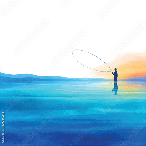 Watercolor Fisherman Casting Line at Sunset with Reflection in Water