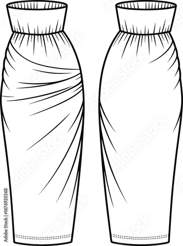 High waisted gathered pencil skirt fashion flat sketch, front and back technical drawing, modern women’s clothing CAD vector