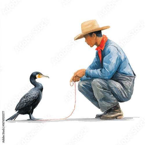 Crouching fisherman in straw hat with cormorant bird on a leash
