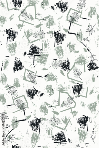 Seamless abstract pattern with sketched leaves, grunge textures, and geometric elements. Modern botanical design in sage green and black on a white background. Ideal for textile or wallpaper