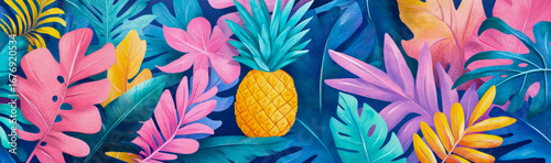 Lush and vibrant tropical artistic illustration showcasing bright golden pineapple amidst array of colorful pink, blue, teal, yellow, and purple exotic palm leaves