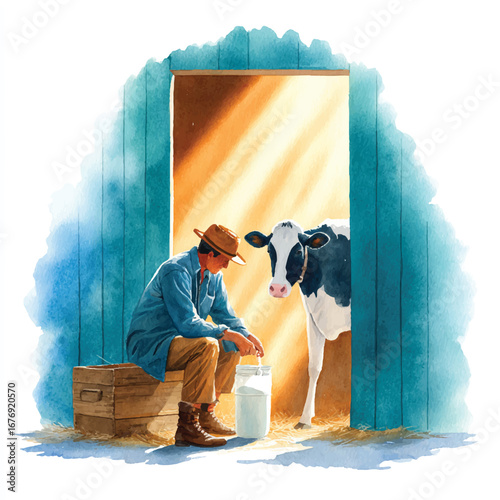 Farmer Milking Cow in Sunlit Barn Doorway