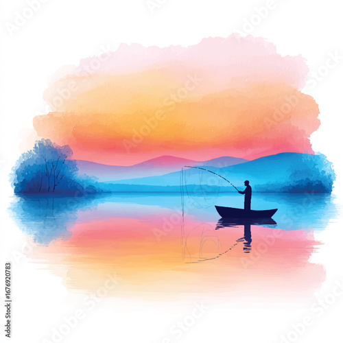 Silhouette of a fisherman in a boat casting a line on a serene lake