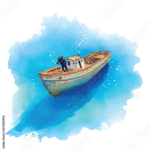 Submerged Wooden Boat with Diver in Watercolor Style