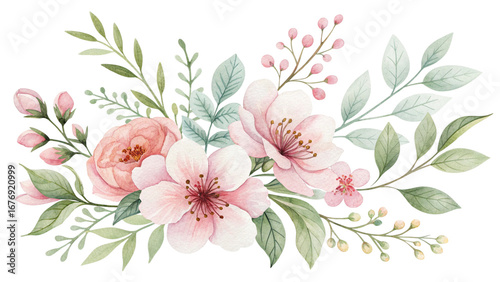 Watercolor spring floral illustration set. Pastel blossoms and greenery with delicate leaves and stems, hand-painted botanical elements. Perfect for wedding invitations, patterns, branding, and greeti