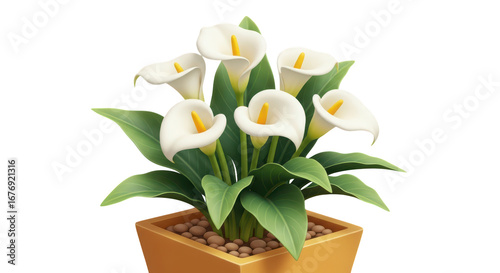 White Calla Lilies in a Square Orange Pot with Pebbles calla lily flower isolated on a transparent background