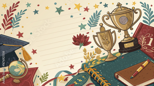 Decorative Homecoming Pattern of Trophies and Yearbooks for Celebration Design with Copy Space