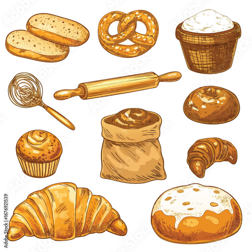 Variety of baked goods and baking tools displayed