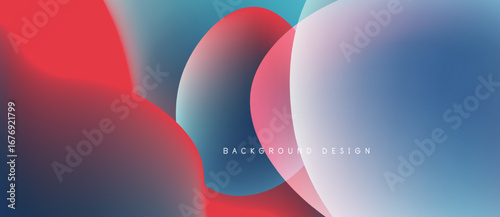 Abstract fluid shapes blend, creating vibrant red, blue gradients. Modern design emphasizes smooth transitions, soft textures. Background features subtle text.