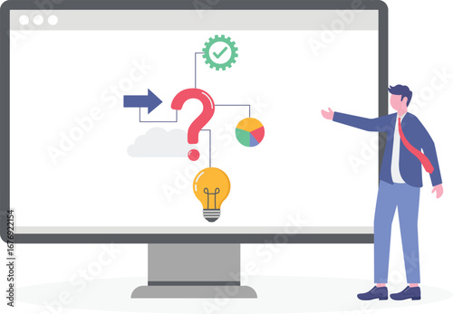 Flat illustration of professional analyzing question mark symbol to identify solutions

