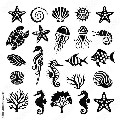 Collection Of Marine Life Sea Creatures And Plants