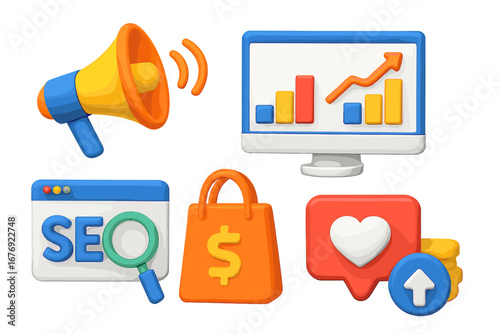 3D digital marketing icon set. SEO optimization. Social media engagement. E-commerce sales. Business promotion. Data analysis graph. Advertising megaphone. Vector cartoon icons.