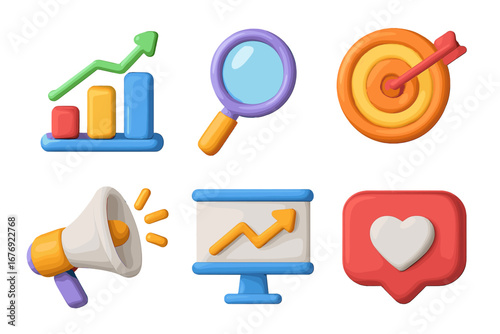 3D digital marketing icon set. Cute cartoon collection for business strategy, SEO, social media, sales growth, and analytics. Vector illustration for web, mobile app design