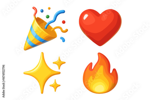 3D emoji icon set with party popper, love heart, sparkles, and flame. Vector cartoon illustration for social media reactions, celebration, love, success, and hot trending content.