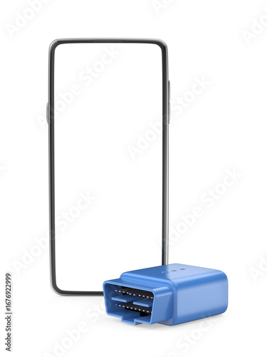 Smartphone and wireless OBD2 car diagnostic device on white background
