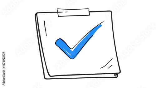 Blue checkmark on clipboard doodle sketch