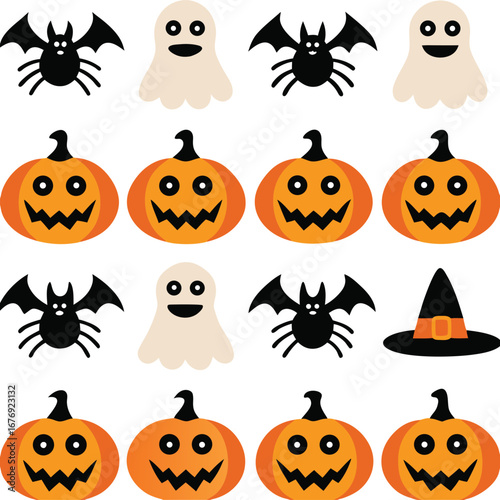 A spooky collection of halloween icons featuring pumpkins and other festive elements