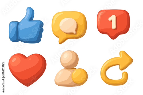 3D social media icons set. Vector cartoon elements for web and mobile apps. Like, comment, share, notification, follower and love symbols. User interface plasticine signs.
