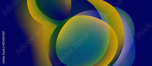 Abstract fluid shapes blend, creating vibrant color gradients. Blue, yellow, green hues dominate composition. Smooth transitions define forms.