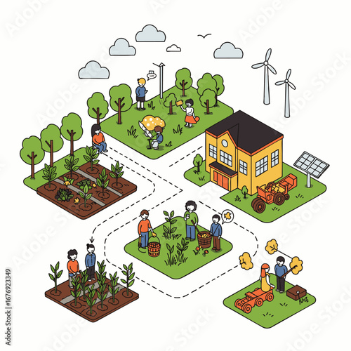 An intricate isometric illustration depicts a thriving community engaged in sustainable agriculture, renewable energy generation, and collaborative eco-friendly living practices.