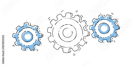 Blue gear icons doodle style cogwheel mechanical