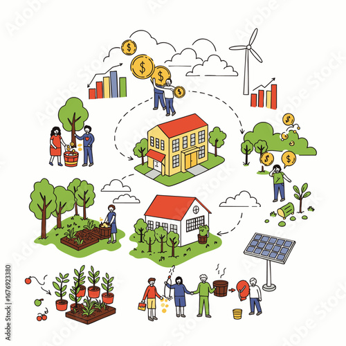 This engaging illustration depicts a sustainable circular economy model, integrating community engagement, renewable energy, and eco-friendly practices for a better future.