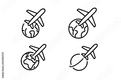 Airplane flying over planet earth icon set. Global travel, international flight, and tourism concept. World trip and transport vector line art collection for web and apps.