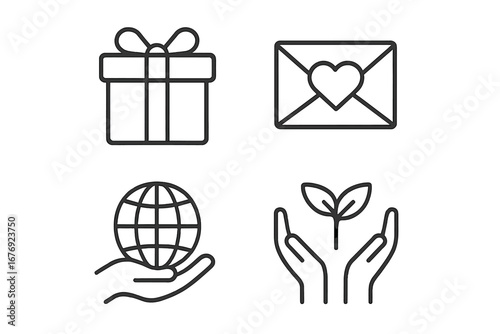 Charity and donation icon set. Gift, love letter, global support, and nature care. Outline vector symbols for giving, volunteering, environment, and social responsibility.