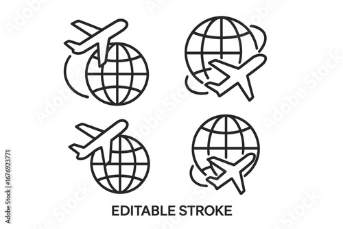 Airplane and globe line icon set. International travel, flight, and global logistics concept. World tour and aviation symbol. Editable stroke vector for web and apps.
