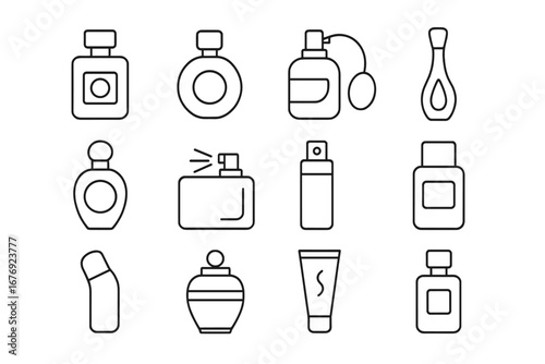 Perfume bottles line icon set. Fragrance spray, eau de toilette, cologne, and cosmetic containers. Beauty product outline symbols. Editable stroke vector illustration pack.