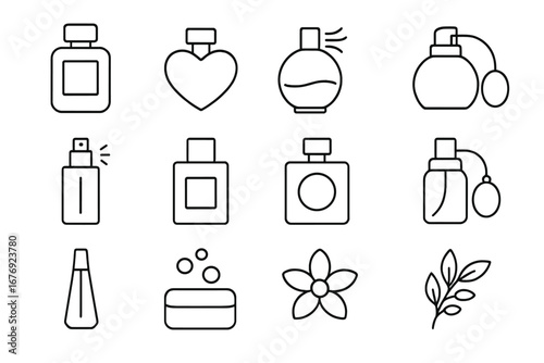 Perfume and fragrance line icon set. Collection of beauty and cosmetic symbols. Vector outline illustration of various scent bottles, spray, soap, flower, and plant elements.