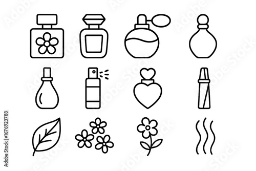 Perfume and fragrance line icon set. Cosmetic and beauty product symbols. Vector outline collection of perfume bottle, spray, atomizer, floral scent, and aroma icons.